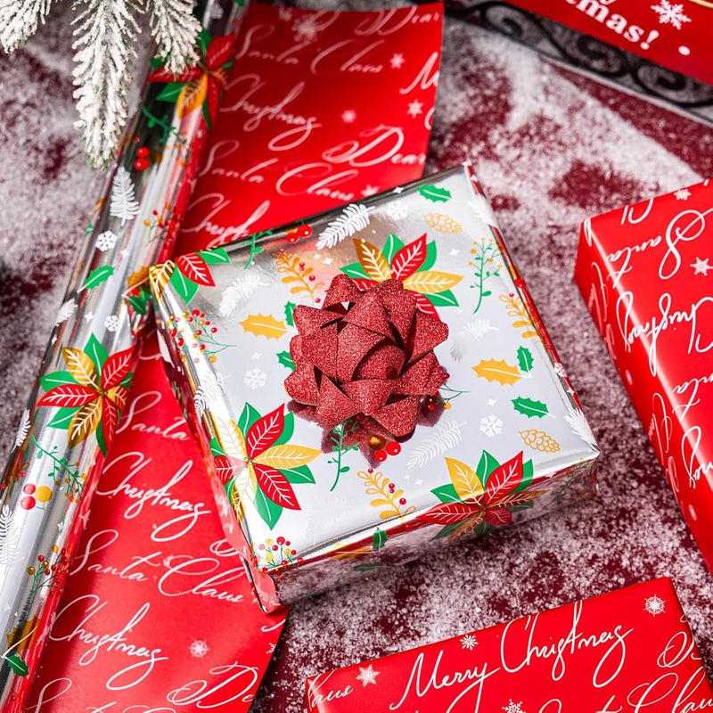 Yarcony Floral Christmas Wrapping Paper Rolls, Silver Christmas Wrapping Paper, Metllic Foil Poinsettias, Holly Berries, Winter Greens Pattern Holiday Gift Wrap for Celebration (17 Inch x 33 Feet) - Image 4